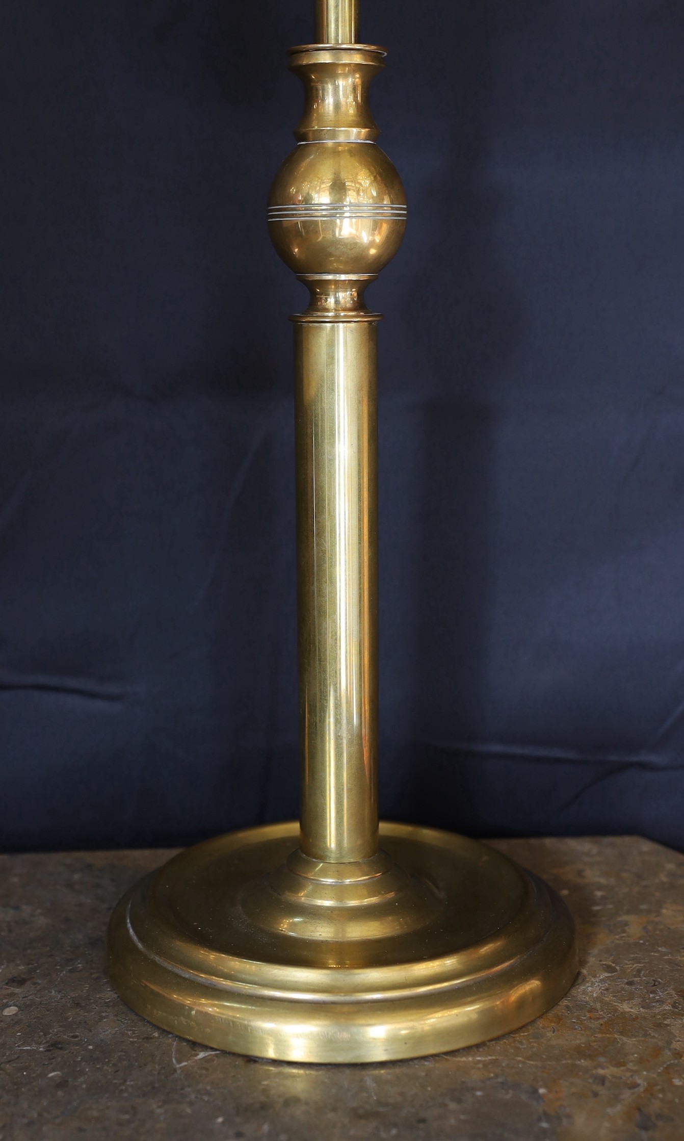 A 1960s German brass table lamp with crackle effect glass shade, height 57cm